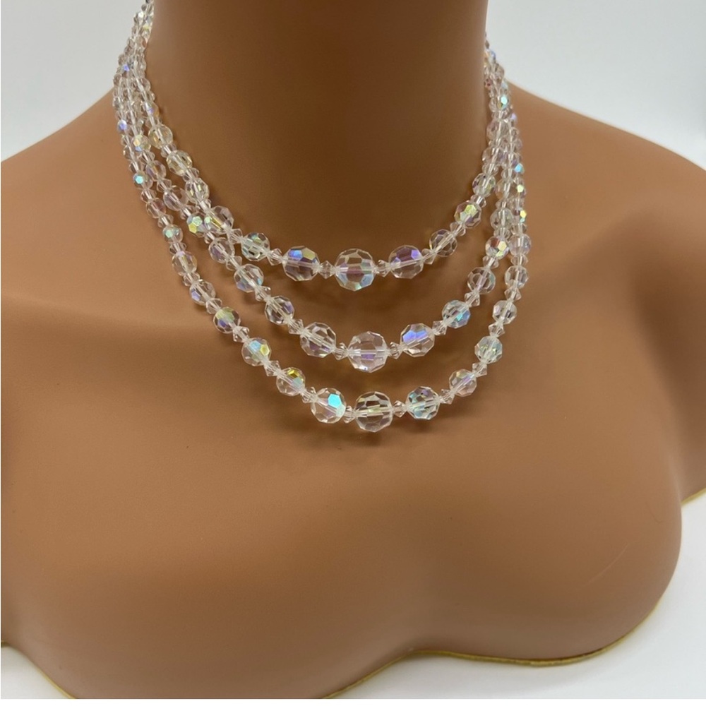 VINTAGE Clear AB Glass 3 Tier Necklace